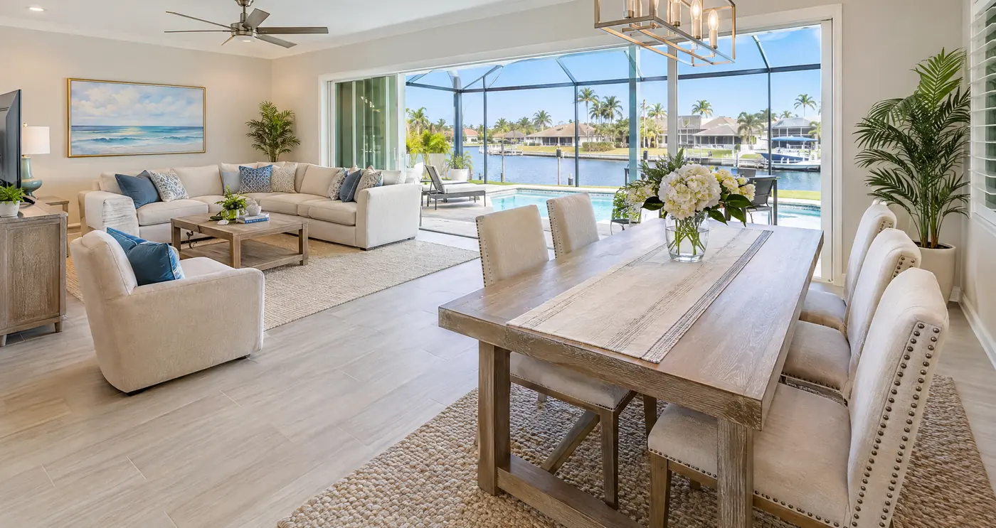 A bright, freshly painted living room in a Cape Coral home, ready for listing photos