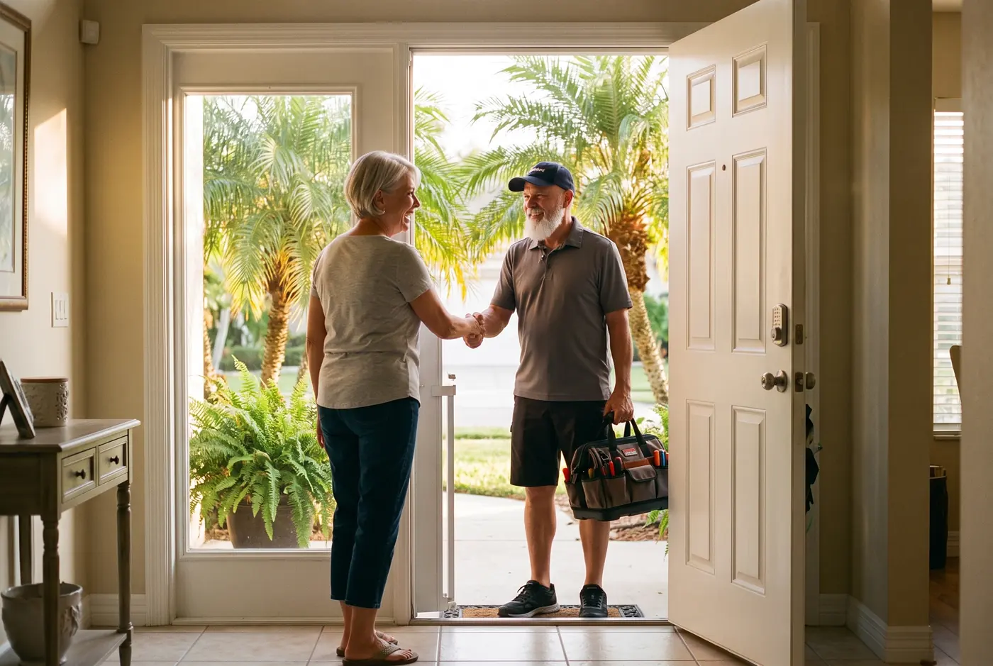 A homeowner and a tradesman talking through a job at the front door of a Cape Coral home