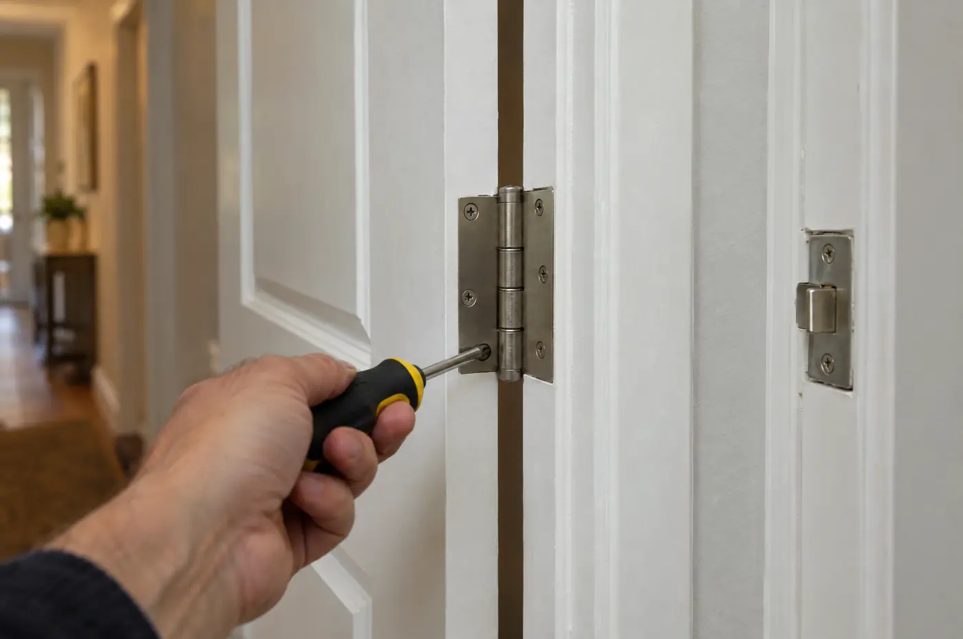 A hand tightening a hinge screw on a white interior door in a Florida home