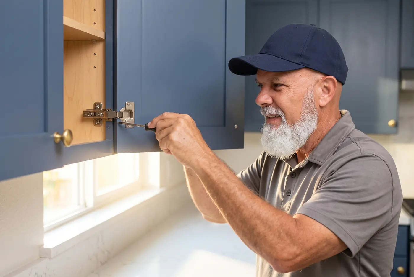 Freshly painted kitchen cabinets with new brass pulls in a Southwest Florida home