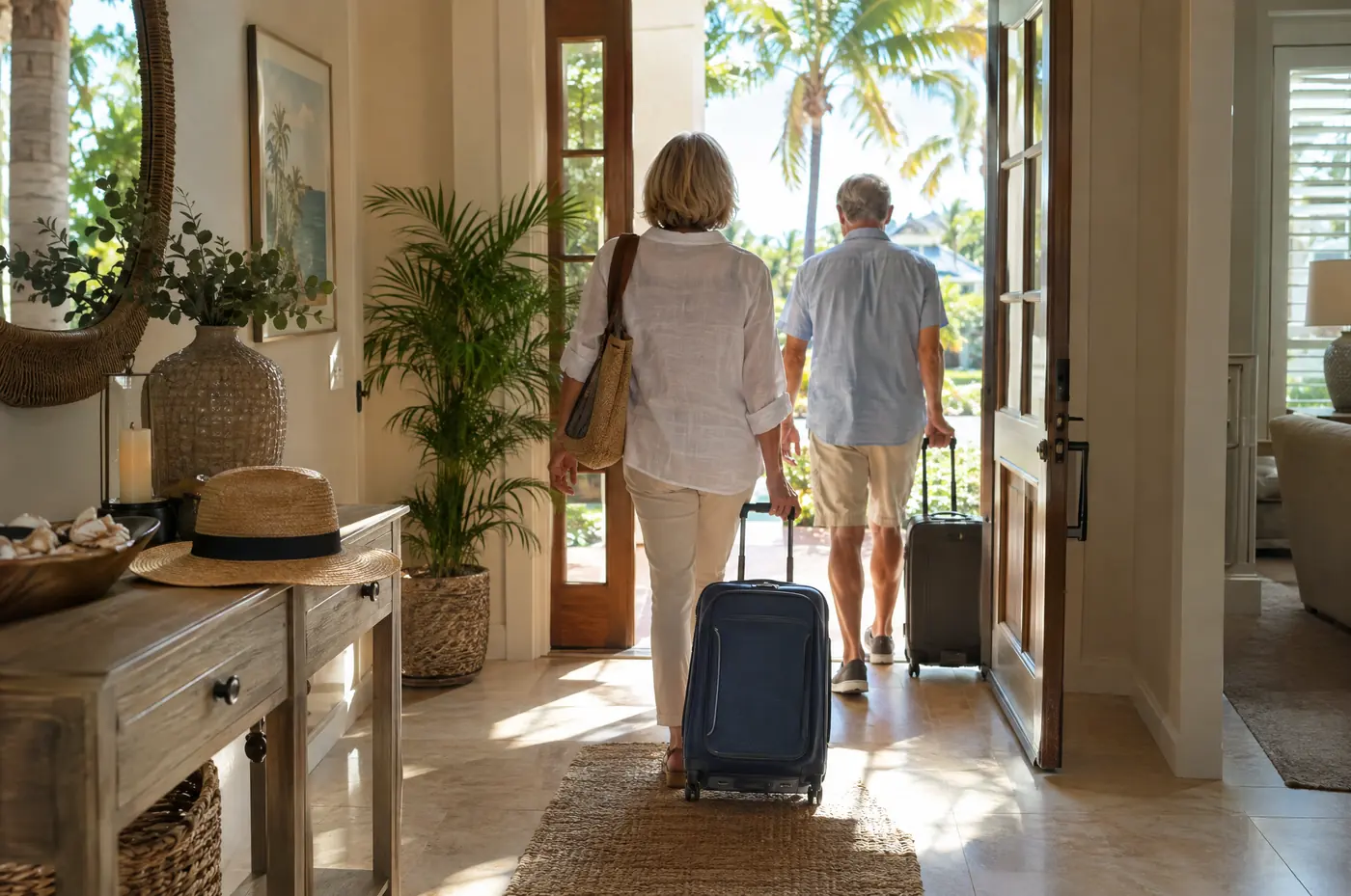 A couple arriving at their Florida home with suitcases
