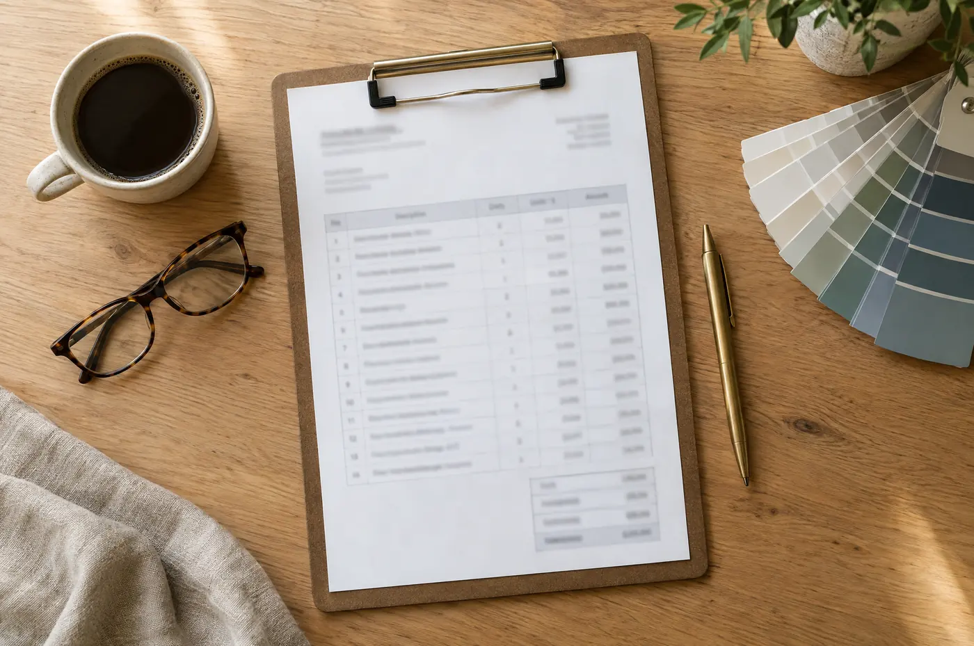 A homeowner reading a written, itemized repair price at a kitchen table