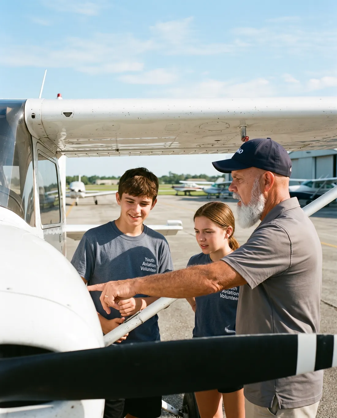 Jimmy showing two teenagers the wing of a small training airplane