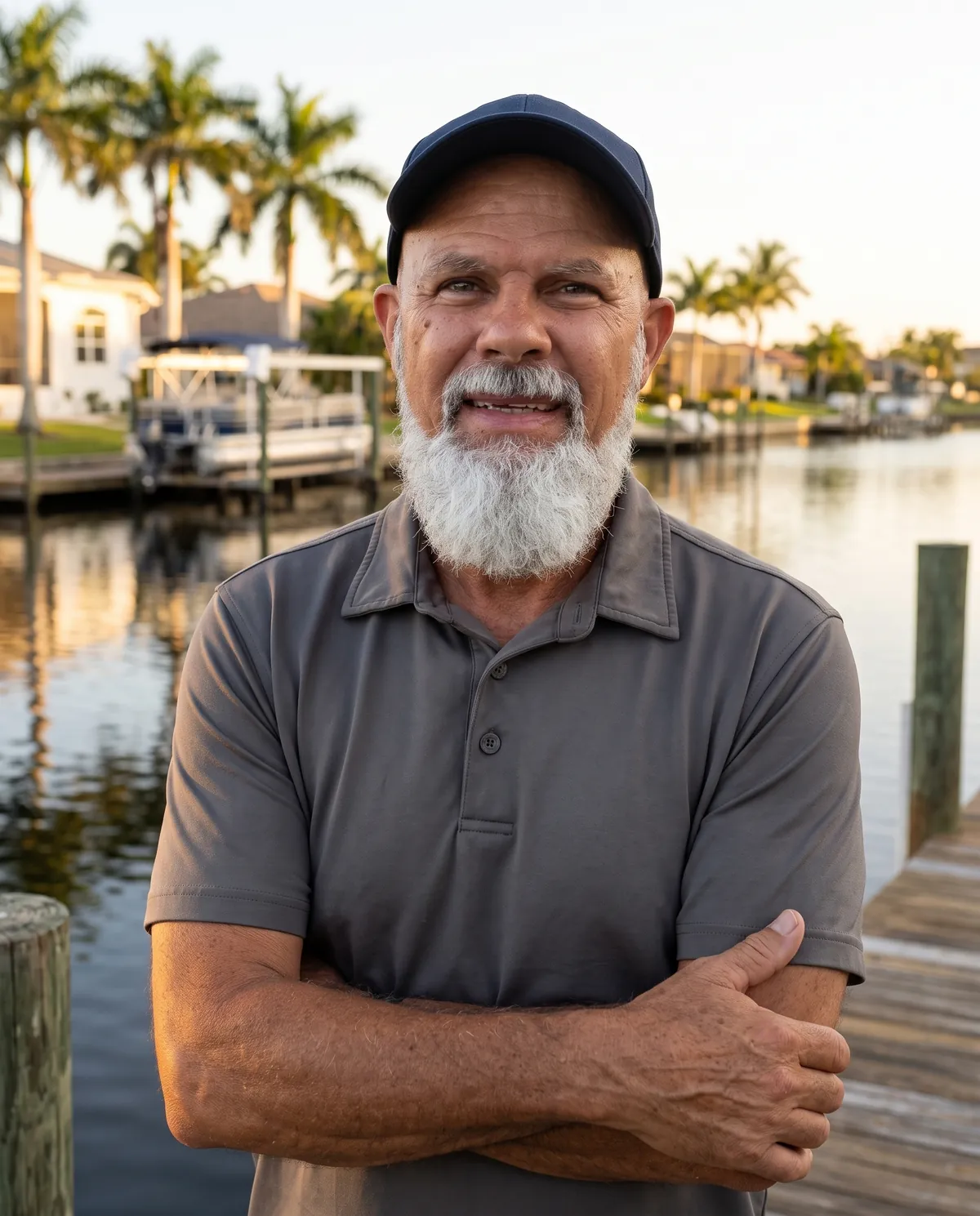 Jimmy Duran on a canal dock in Cape Coral at golden hour