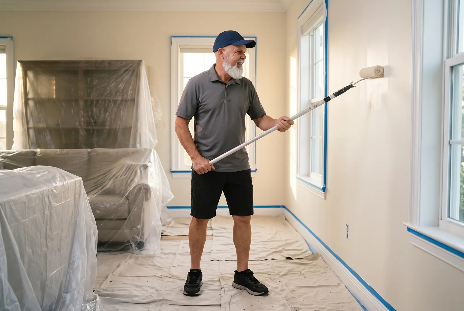 Jimmy rolling warm-white paint onto a living room wall with the floor covered