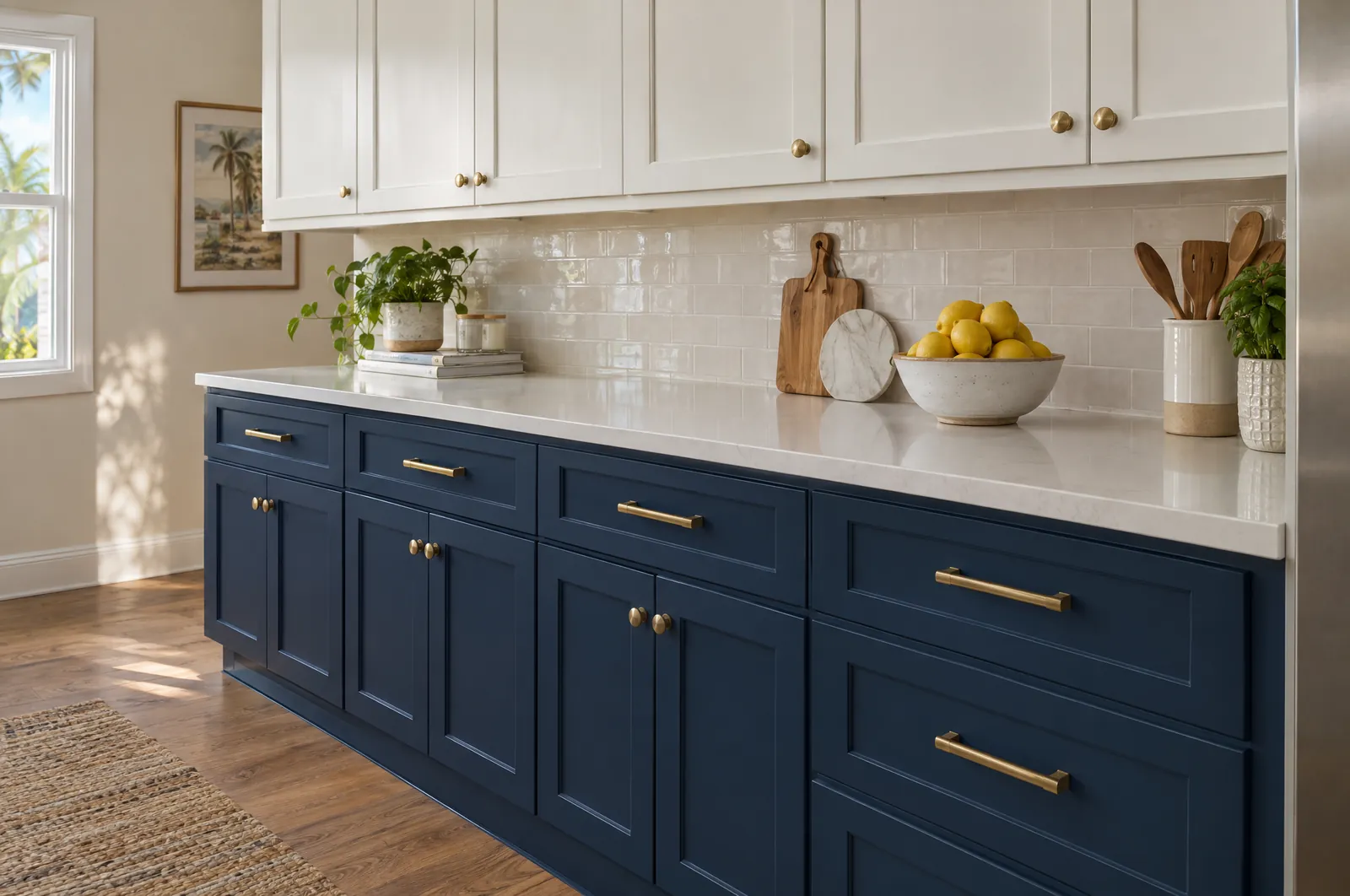 Kitchen cabinets freshly painted deep navy below and warm white above, with brass pulls