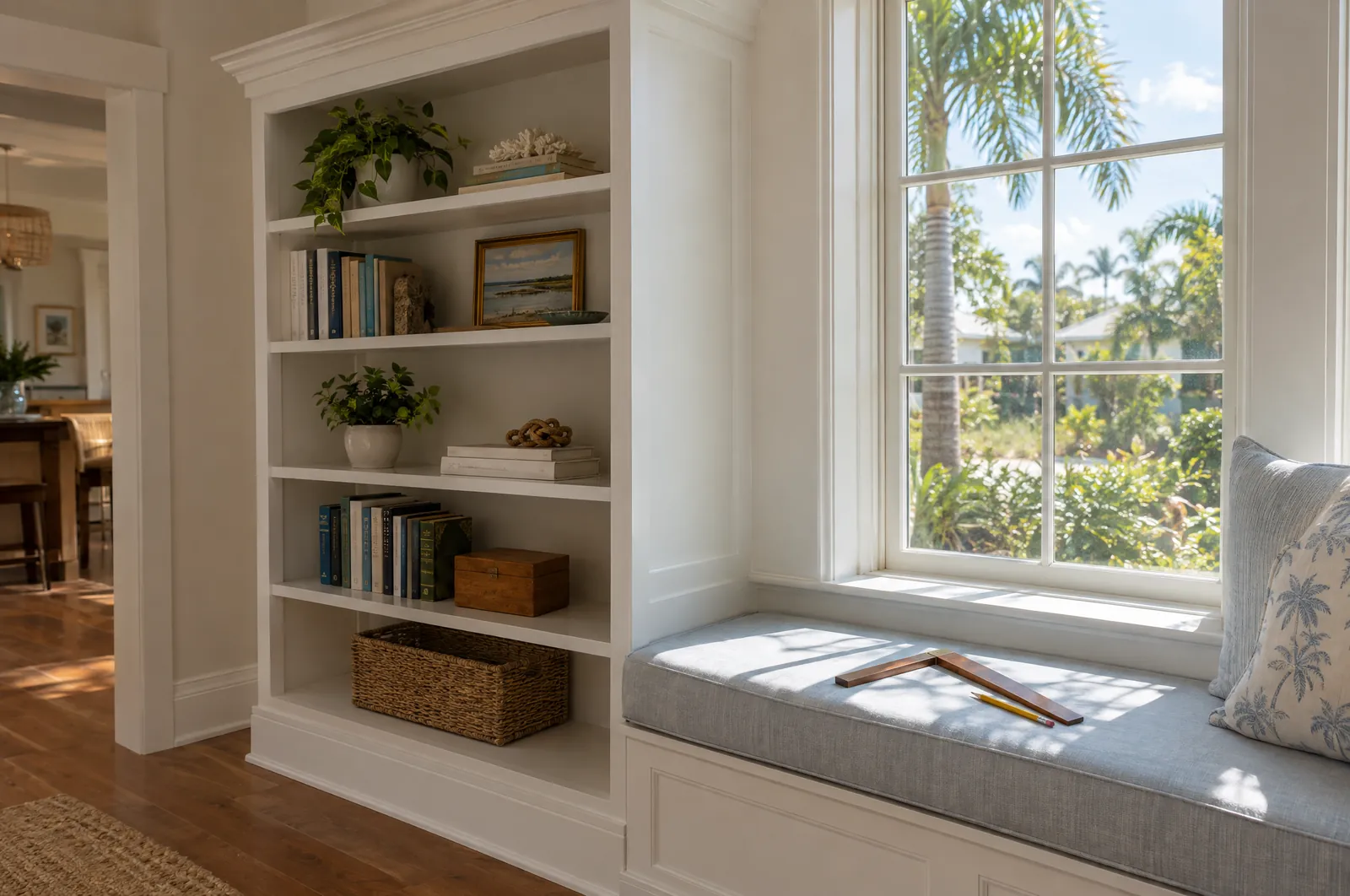 A newly built white bookshelf with crown trim beside a built-in reading bench