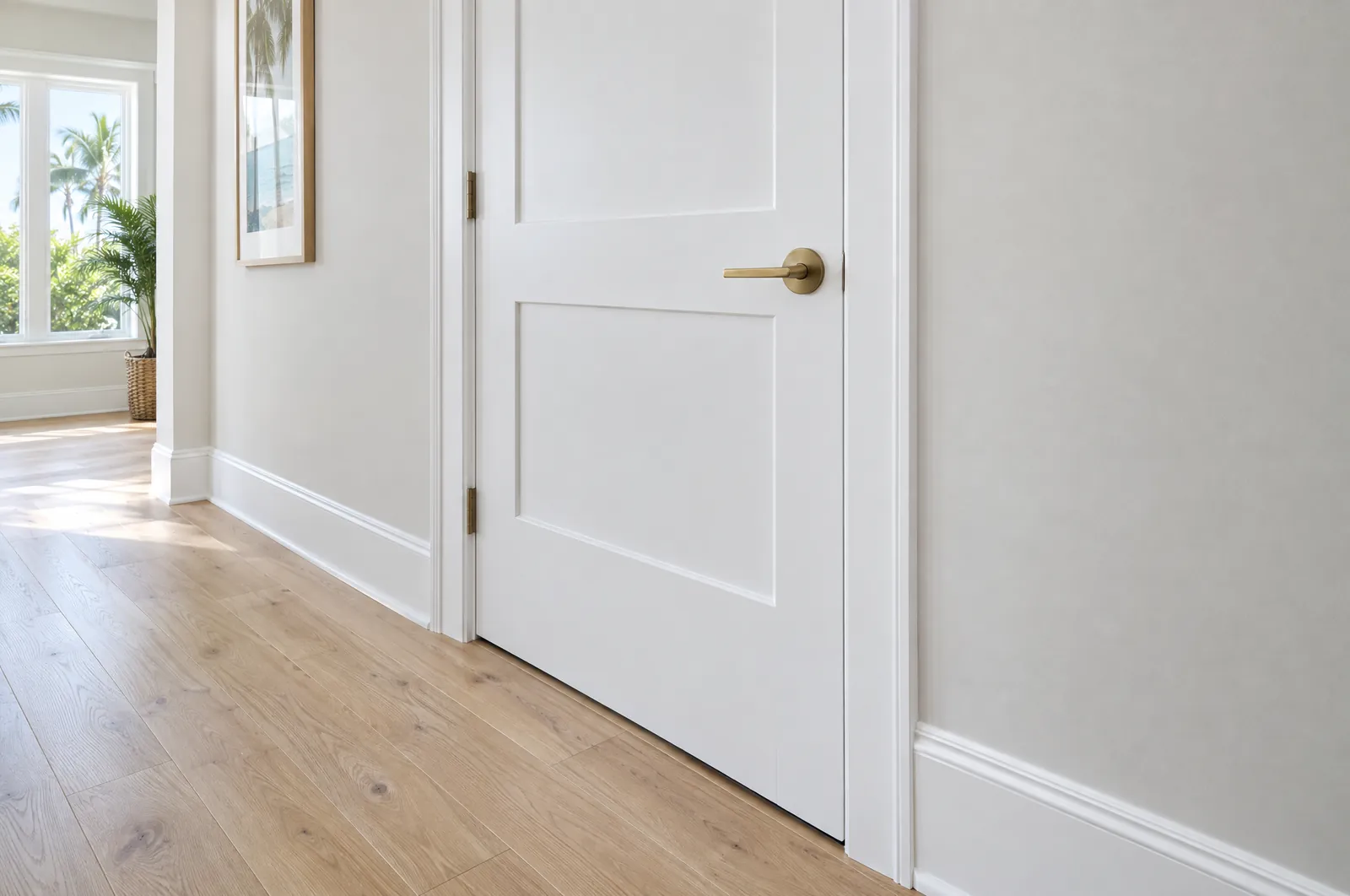 A new white shaker interior door with crisp casing and a satin brass lever