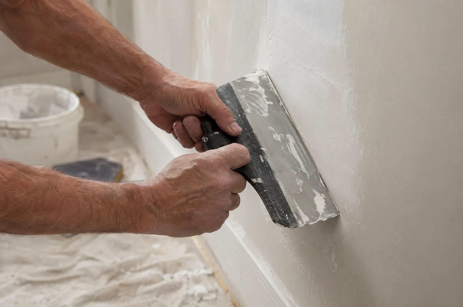 Careful hands smoothing a fresh drywall patch with a wide taping knife