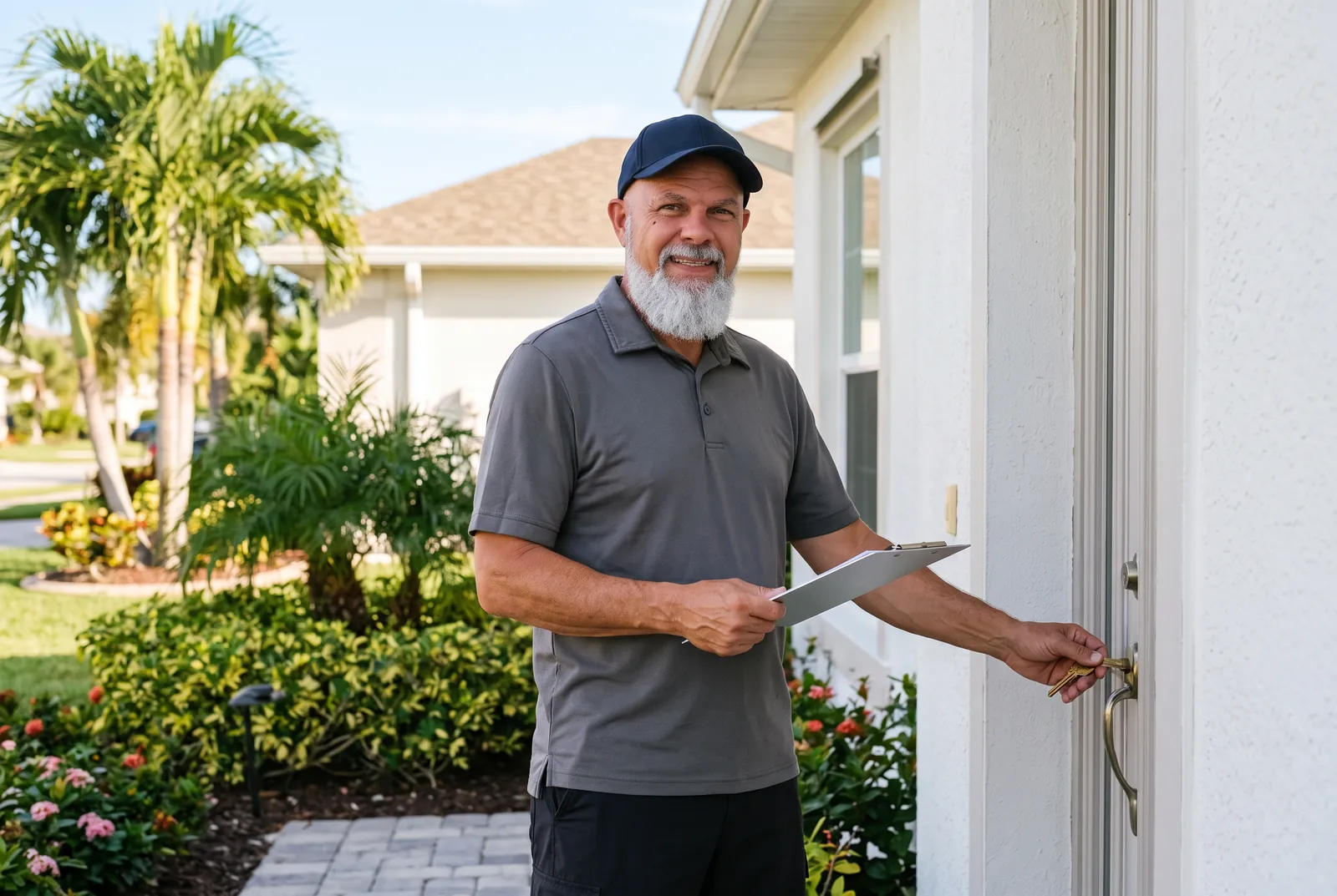 Jimmy at the front door of a closed-up Florida home with a clipboard and key