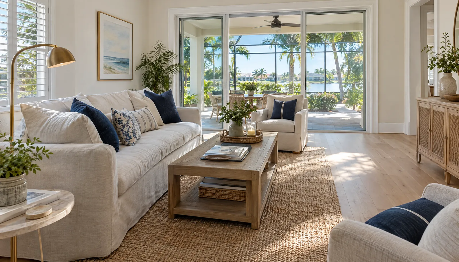 A freshly painted, calm coastal living room with warm-white walls and crisp white trim