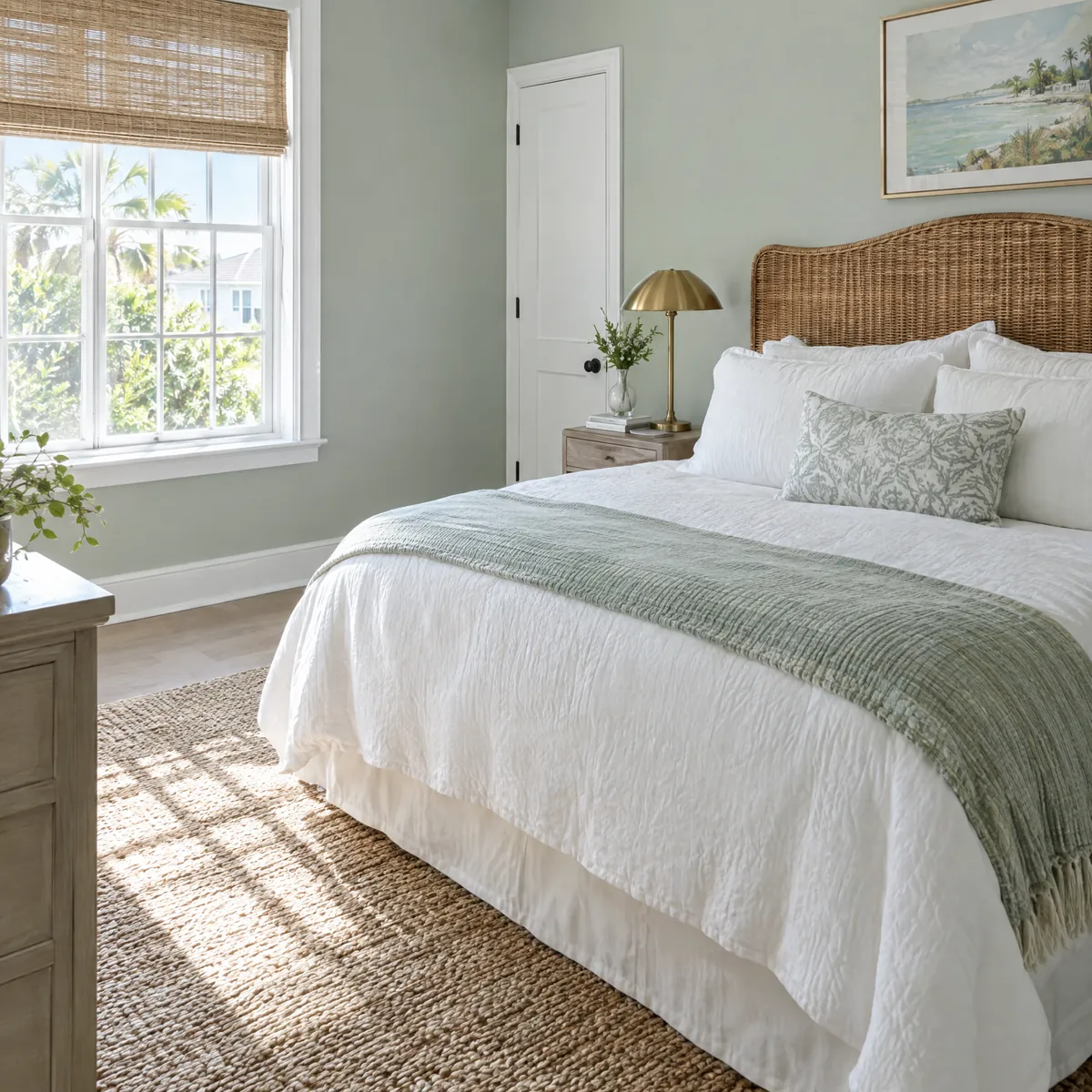 A freshly painted sea-glass guest bedroom with white trim and a brass lamp