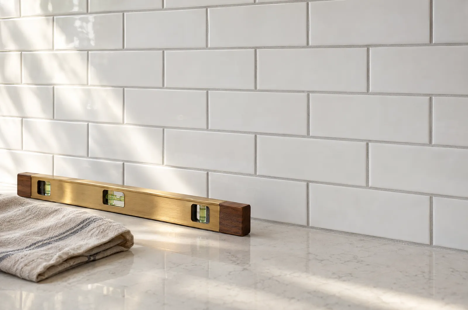 A new white subway tile backsplash with a brass spirit level resting on the counter